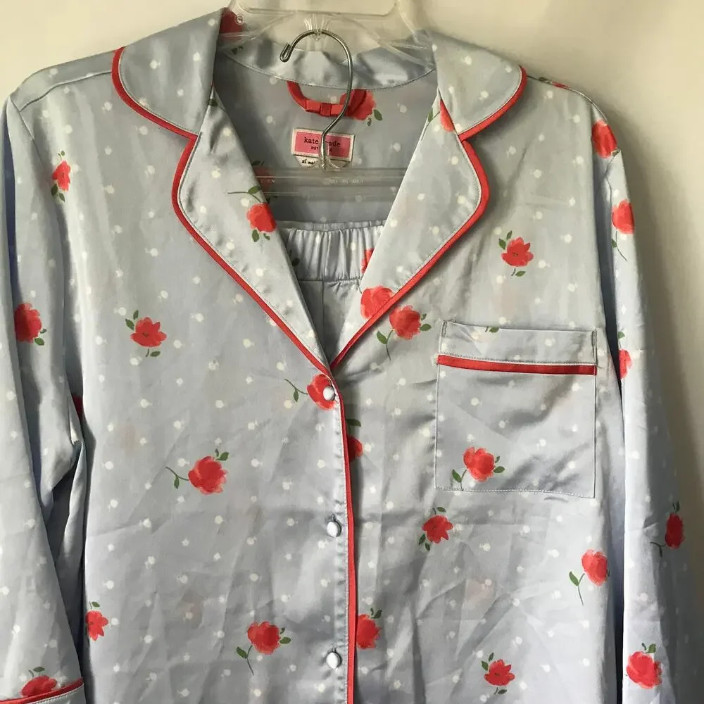Kate Spade Pajama Set Extra Large Womens Floral Satin Long Sleeve Blue Coral XL